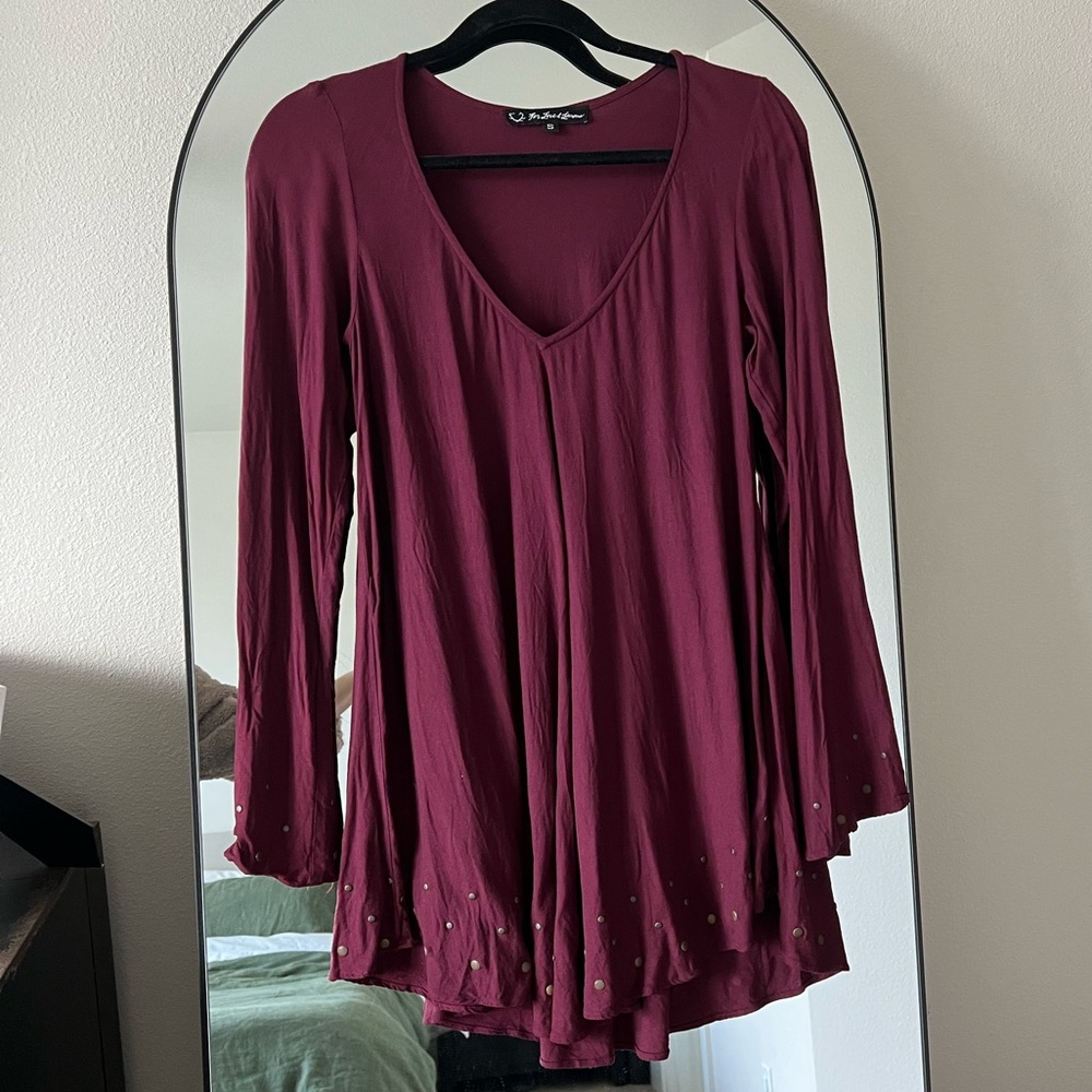 For Love And Lemons Merlot V-Neck Long Sleeve Mini Dress with Stud Hem